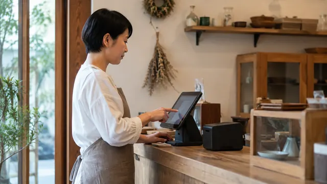 小規模な店舗のカウンターでPOSレジを操作するスタッフ